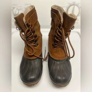 Sorel Women's Winter Fancy Lace II Boots Brown Leather Mid Calf Boots Size 7.5